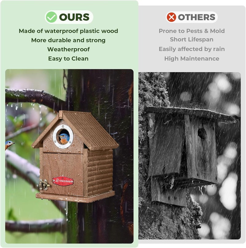Kingsyard Recycled Plastic Bird House for Outdoors - Weatherproof Nesting Box with Clear View Panel & Predator Guard for Bluebird Wren Swallow Finch, Brown - Image 5